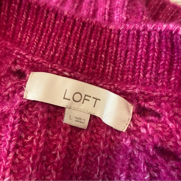 LOFT Fuchsia Pointelle Button-Up Sweater Cardigan Large Fuzzy - Picture 9 of 12